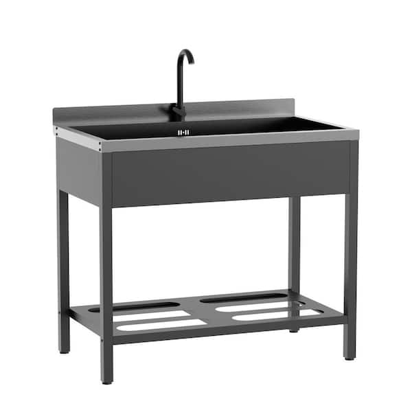 41.7 in. Freestanding Stainless Steel Utility Sink Laundry/Utility Sink in Black with Towel Rack and Storage Shelf