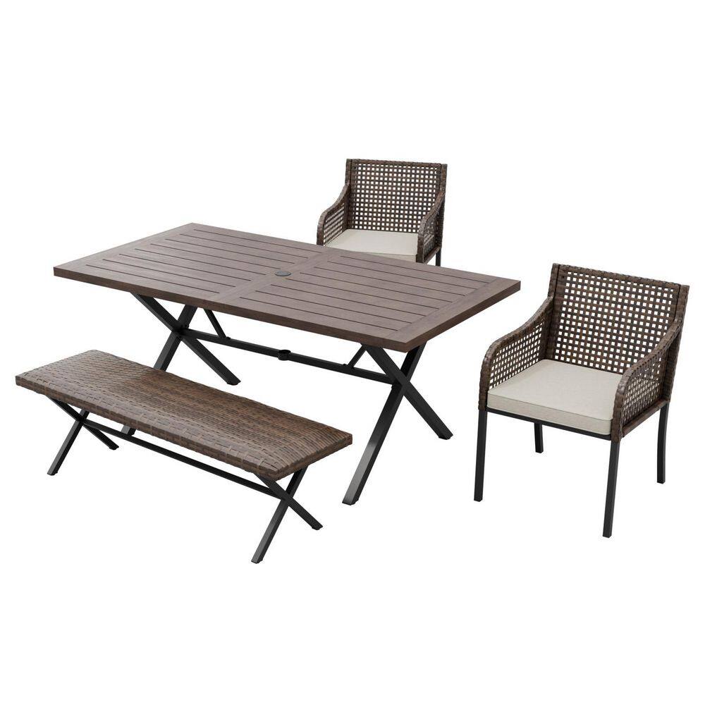 4-Piece Brown Wicker Outdoor Dining Set with Wood Table and Rattan Chairs and Bench and Beige Cushions