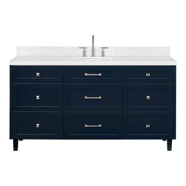 ARIEL Monroe 66 in. Single Sink Freestanding Bathroom Vanity in Midnight Blue with Carrara White Quartz Top