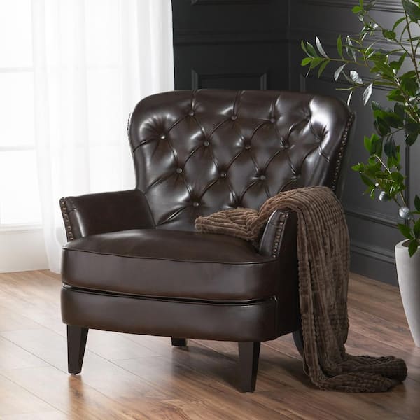 Noble House Tafton Brown Leather Tufted Club Chair