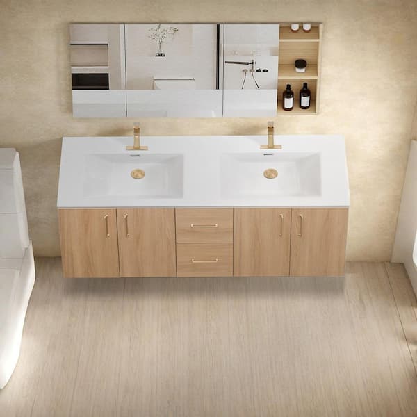60 in. W x 19 in. D x 20. 5 in. H Double Sink Floating Natural Wood Bath Vanity with White Resin Integral Top Assembled
