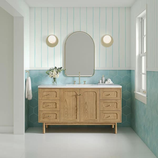 James Martin Vanities Laurent 60.0 in. W x 23.5 in. D x 34.13 in. H Single Bath Vanity in Light Natural Oak with Arctic Fall Solid Surface Top