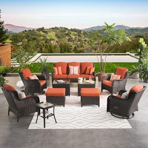Moonlight Brown 10-Piece Wicker Patio Conversation Seating Sofa Set with Orange Red Cushions and Swivel Rocking Chairs