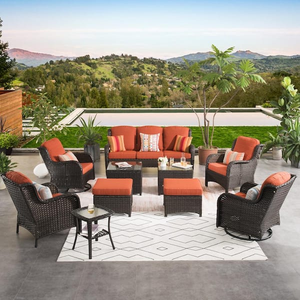 XIZZI Moonlight Brown 10-Piece Wicker Patio Conversation Seating Sofa Set with Orange Red Cushions and Swivel Rocking Chairs