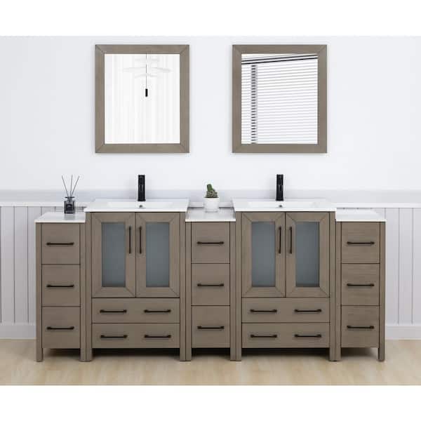 84 in. W x 18.1 in. D x 35.8 in. H Double Basin Driftwood Gray Bath Vanity with White Ceramic Top and Mirror