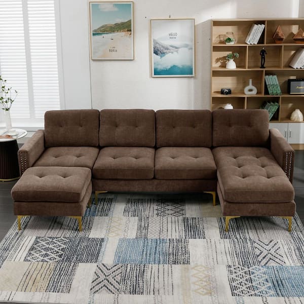 110.6 in. Velvet L-Shaped Sectional L-Shaped Sofa with Movable Ottoman for Living Room in Brown