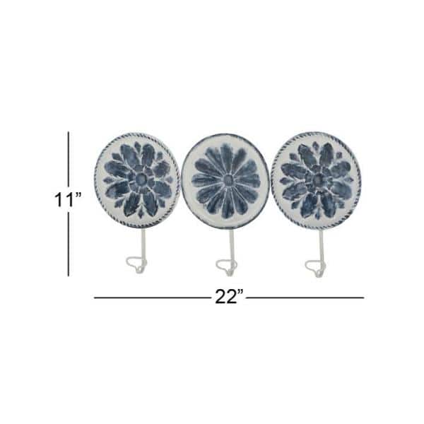 White and Blue Floral Metal Wall Hooks Set of Three
