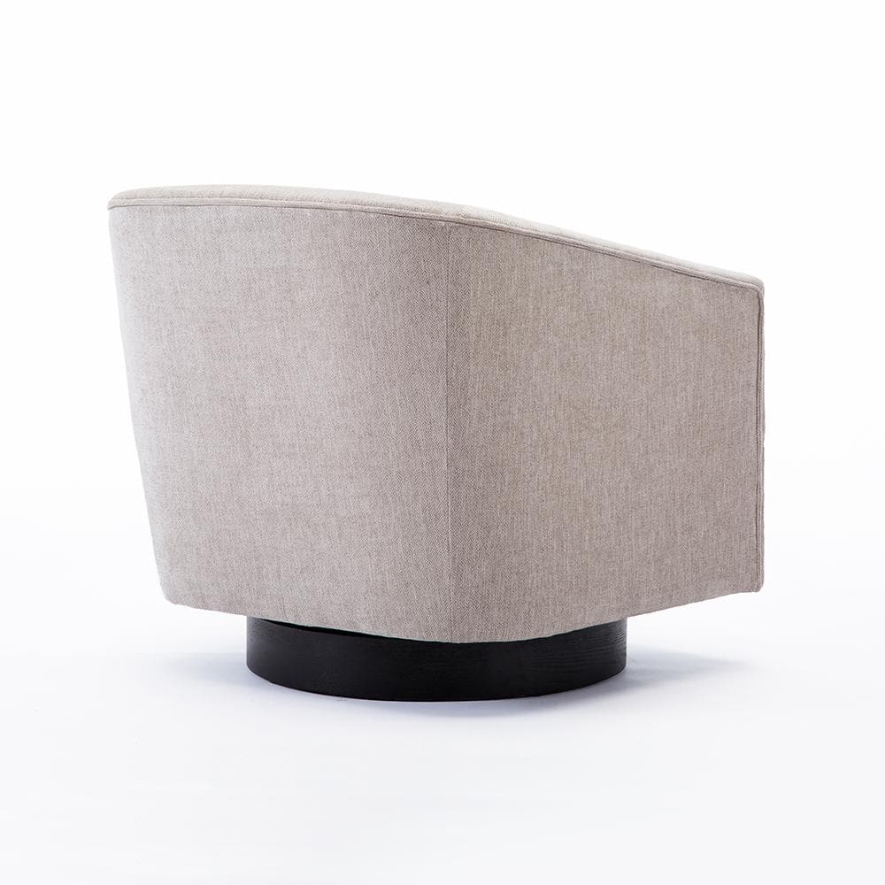 Donovan Oatmeal Fabric and Black Wood Swivel Barrel Chair