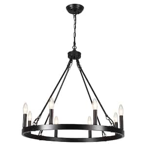 8-Light Black Candle Style Wagon Wheel Chandelier Farmhouse Vintage Pendant Light