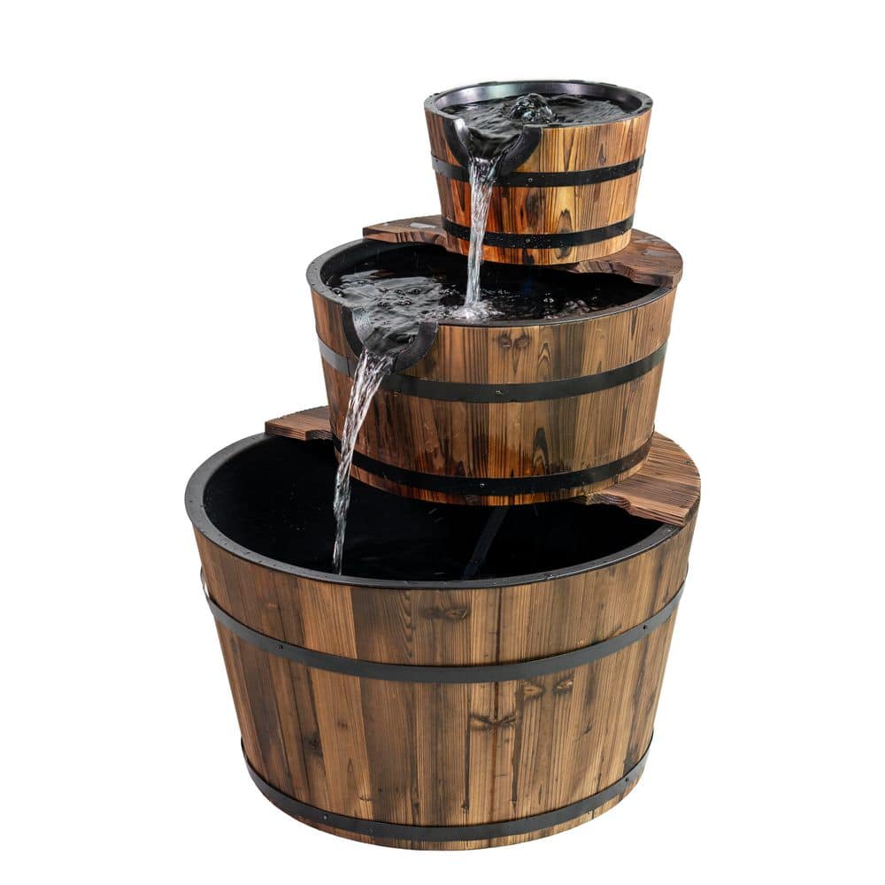 30-Inch Rustic Fir Wood 3-Tier Barrel Outdoor Fountain