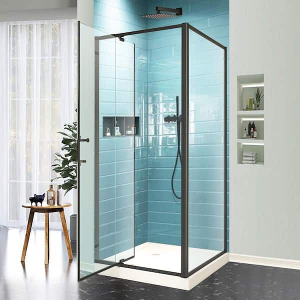 36 in. W x 71 in. H Pivot Framed Corner Shower Enclosure Shower Door in Matte Black Finish with Clear Glass (6 mm)