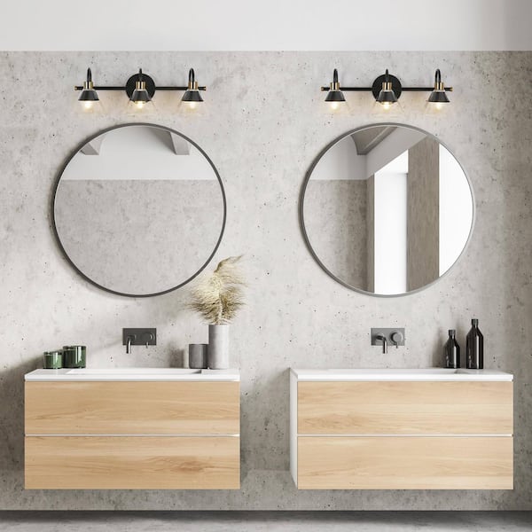 21.3 in. 3-Light Modern Transitional Black Bathroom Vanity Light, Brass Powder Room Wall Sconce with Half Metal Shade