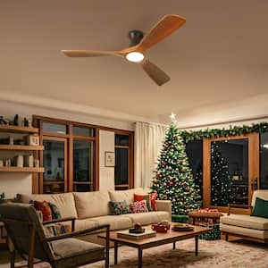 52 in. Indoor Solid Red Wood Low Profile Semi Flush Mount Ceiling Fan Light with LED with Remote Control Thin Lampshade