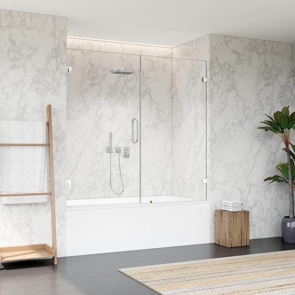 60" Polished Chrome Frameless Hinged Tub Door with Clear Glass