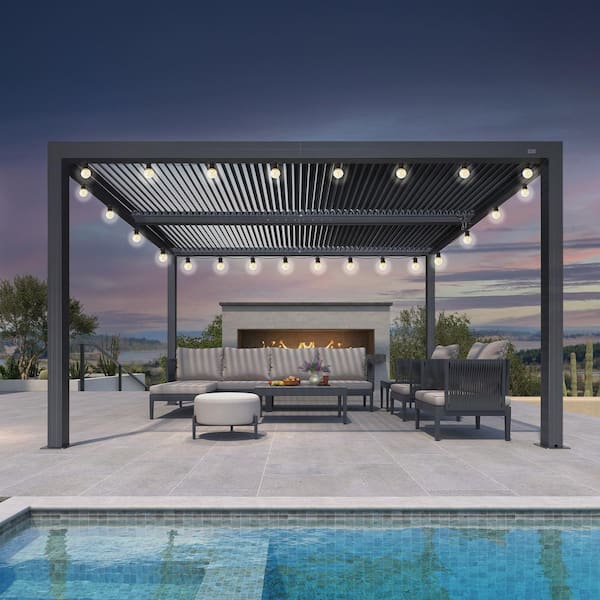 PURPLE LEAF 11 ft. x 13 ft. Gray Aluminum Frame Outdoor Louvered Pergola with Adjustable Sunshade Roof and Solar String Lights