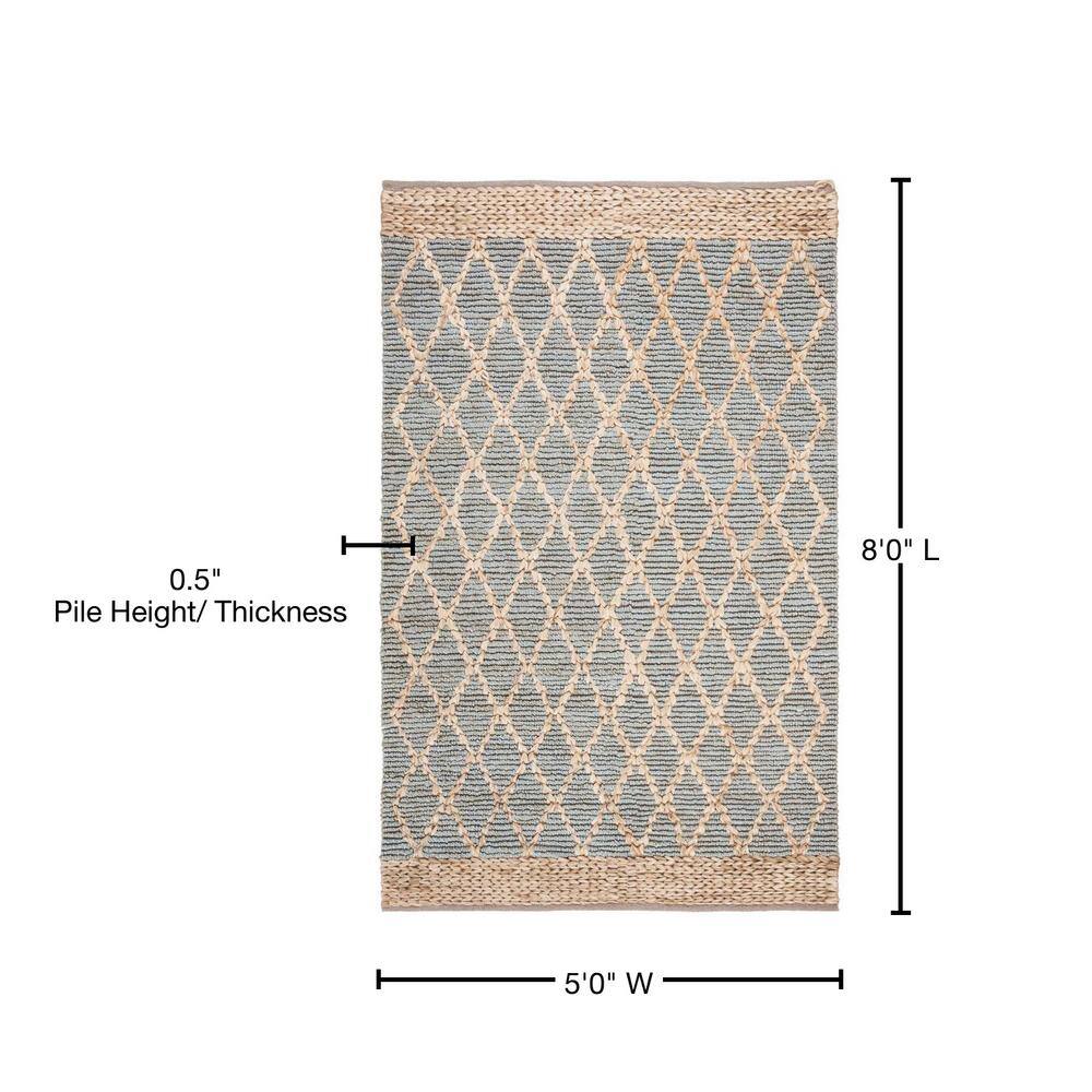Handmade Light Blue and Beige Jute Geometric Area Rug, 5' x 8'