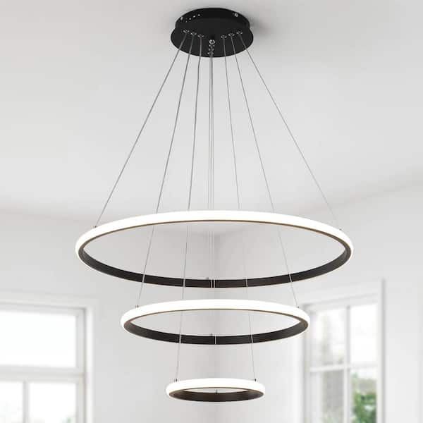 60-Watt Black 3 Ring LED Hanging Pendant Light Fixture Dimmable Chandelier Lighting for Kitchen Island