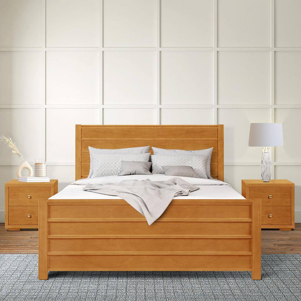 Caroline Pine Queen Platform Bed with Drawer and Slatted Headboard, Oak