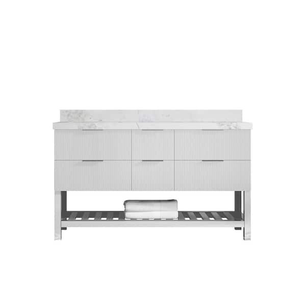 Willow Collections Catalina 60 in. Double Sink Freestanding Fine Grain Bath Vanity with Calacatta Nuvo Qt. Top Unassembled
