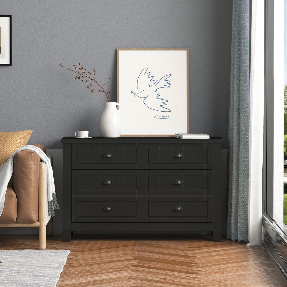 47.2 in. W x 17.7 in. D x 30 in. H Black Wood Linen Cabinet with 6 Drawers 