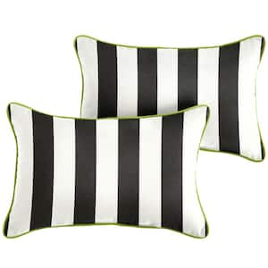 Sunbrella Black White Stripe with Macaw Green Rectangular Outdoor Corded Lumbar Pillows (2-Pack)