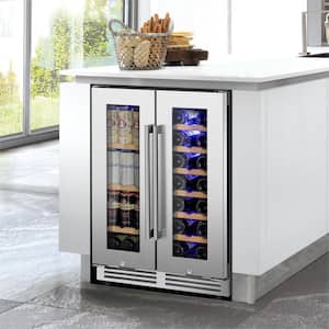 23.42 in. Dual Zone Beverage and Wine Cooler in Silver with Four Handles Built In Wine Refrigerator
