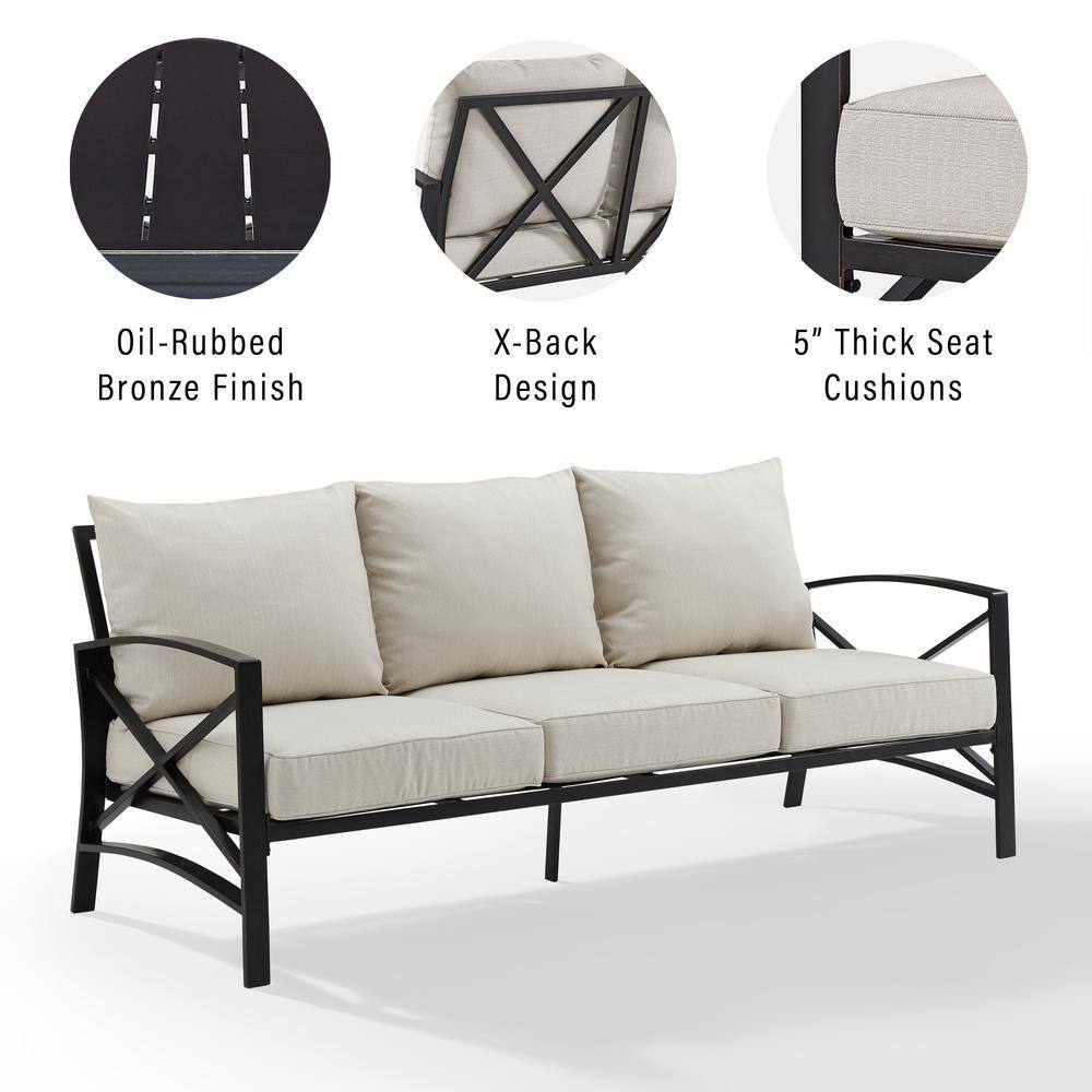 Oatmeal Cushioned Black Metal Three-Seat Outdoor Sofa
