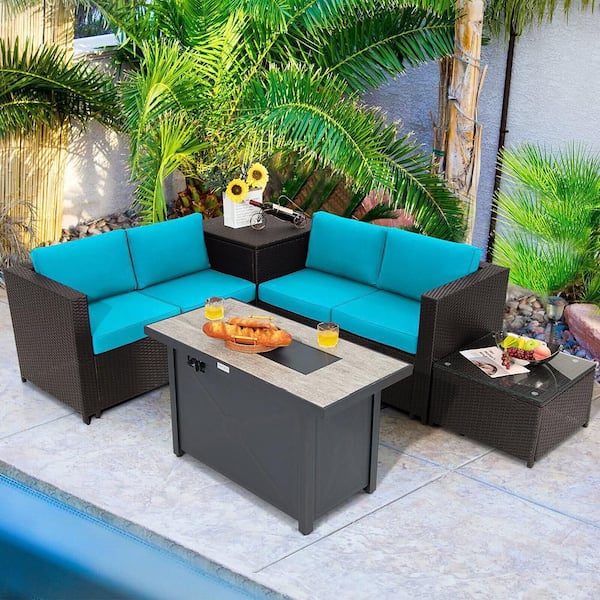 5-Piece Patio Rattan Furniture Set Fire Pit Table w/Cover StorageTurquoise Cushion