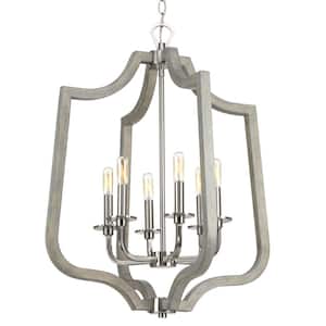 Glenora Collection 6-Light Brushed Nickel Pendant with Weathered Gray Wood Accents