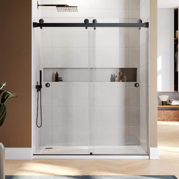 UKD01 56 to 58 in. W x 80 in. H Double Sliding Frameless Shower Door in Matte Black, EnduroShield 3/8 in. Clear Glass