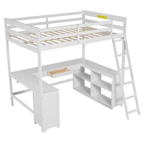 White Full Size Adjustable Platform Bed with U-Shaped Desk and Storage Shelves