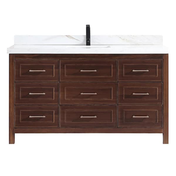 Luxury Ebony Series 60 in. 1 Freestanding Dark Brown Finish Bath Vanity with 2 in. White Natural Marble Top Assembled