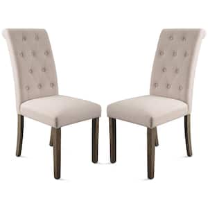 Beige Fabric Button Tufted Parsons Chair with Wood Legs, Home Kitchen Upholstered Dining Chairs Set of 2