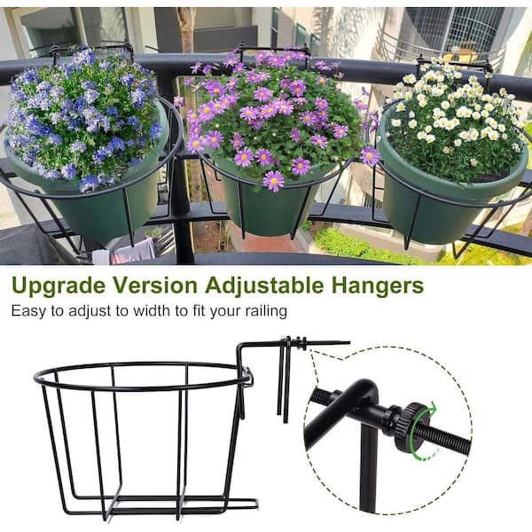 Justincity 10" Black Metal Adjustable Hanging Railing Planter Basket Outdoor Balcony Flower Pot Holder Multi-Function 3 Pack