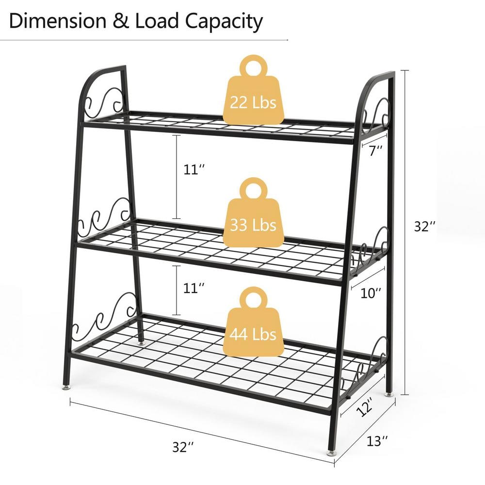 Black Steel 3-Tier Plant Stand with Adjustable Footpads