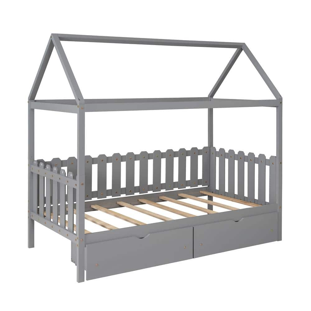 Z-joyee Fence-Shaped Guardrail Gray Twin Size House Bed with Drawers F ...