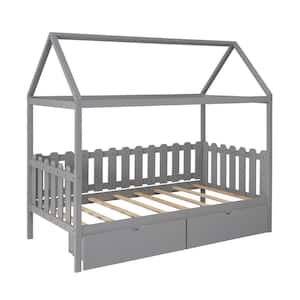 Fence-Shaped Guardrail Gray Twin Size House Bed with Drawers