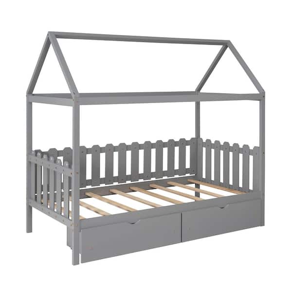 Z-joyee Fence-Shaped Guardrail Gray Twin Size House Bed with Drawers