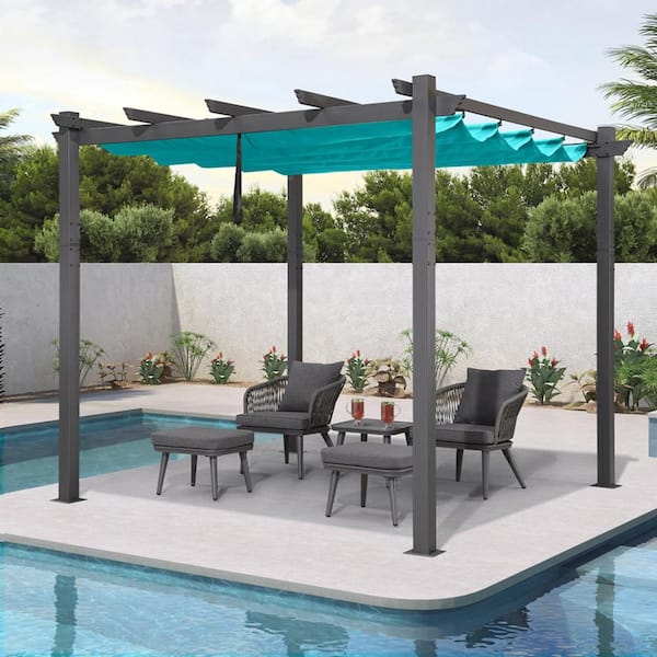 PURPLE LEAF 10 ft. x 10 ft. Gray Aluminum Frame Outdoor Patio Pergola Gazebo with Blue Retractable Sun Shade Canopy for Deck Garden