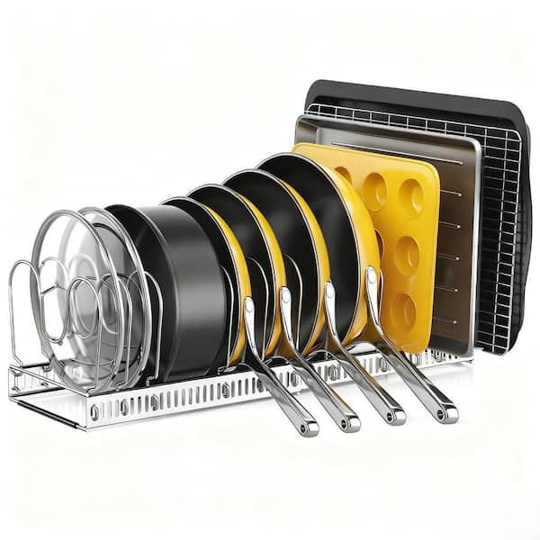 Stainless Steel Under Cabinet Rack Standing Pot Rack Organizer in Silver with 11.8 in. to 22.8 in. Adjustable Dividers