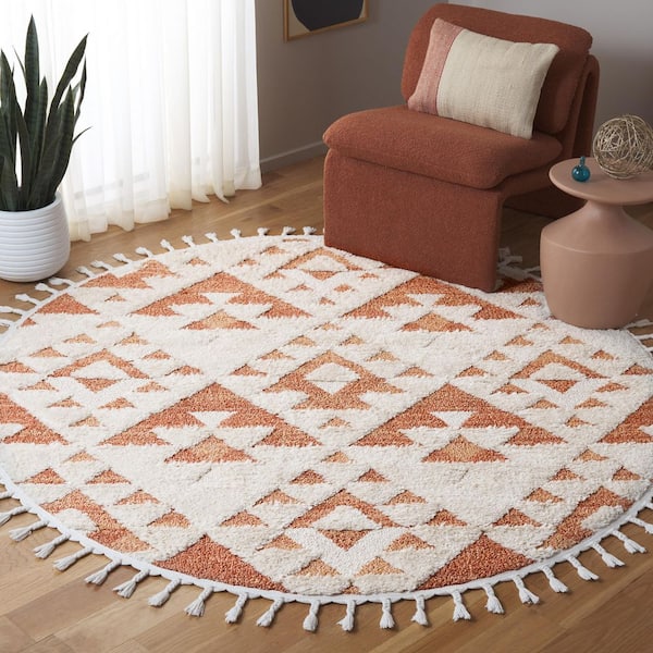 Moroccan Tassel Shag Ivory/Brick Rust 5 ft. x 5 ft. High-Low Geometric Fringe Round Area Rug