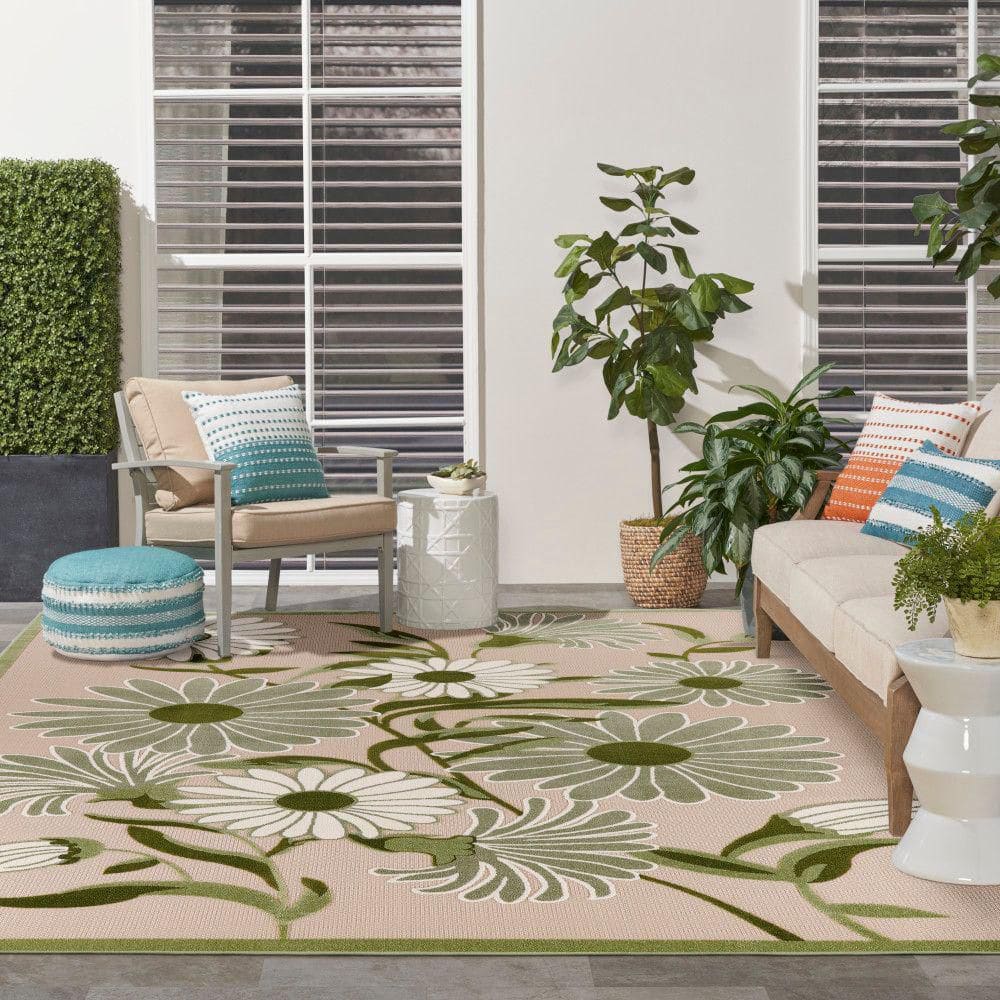 Ivory Green Floral Flatweave 9' x 12' Outdoor Rug