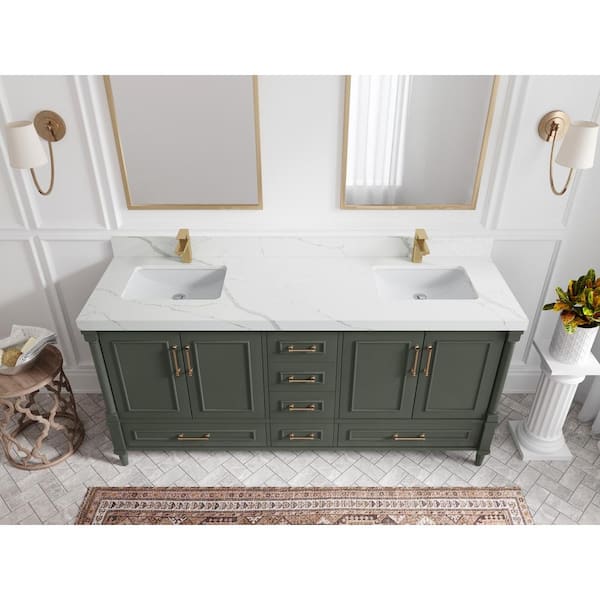 Farmhouse 72 in Double Sink Bathroom Vanity in Grey with Calacatta Gold  Quartz Countertop