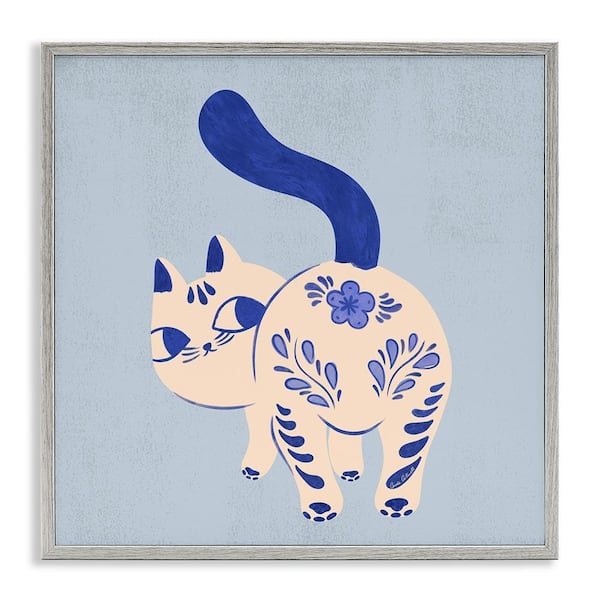 Purrcelin Patterned Cat by Carrie Cantwell Gray Framed Animal Giclee Art Print 17 in. x 17 in.