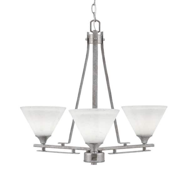 Unbranded Ontario 20 in. 3-Light Aged Silver Geometric Chandelier for Dinning Room with White Muslin Shades, No Bulbs Included