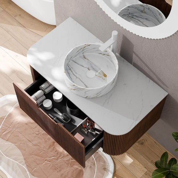Baye 36 in. W Floating Dark Walnut Bath Vanity with White Textures Ceramic Sink and Engineered Marble Top Unassembled