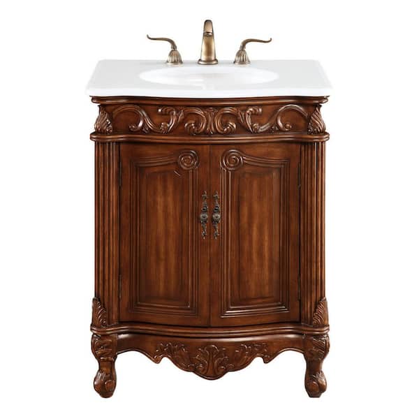 Unbranded Simply Living 27 in. W x 21 in. D x 35 in. H Bath Vanity in Teak with Ivory White Engineered Marble