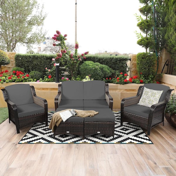 5-Piece 2 in 1 Design Wicker Patio Conversation Set with Gray Cushions and Glass Table