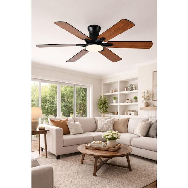 52 in. Brown Flush Mount Ceiling Fan with Light, 6 Blades, Dimmable LED, Reversible DC Motor, Remote/APP