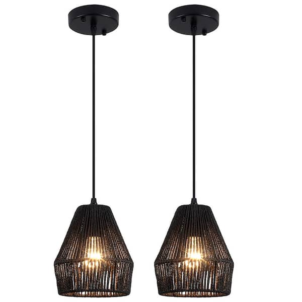 ZJVAIVE 2-Light Black Metal Hanging Pendant Light Chandelier with Paper Rattan Shade